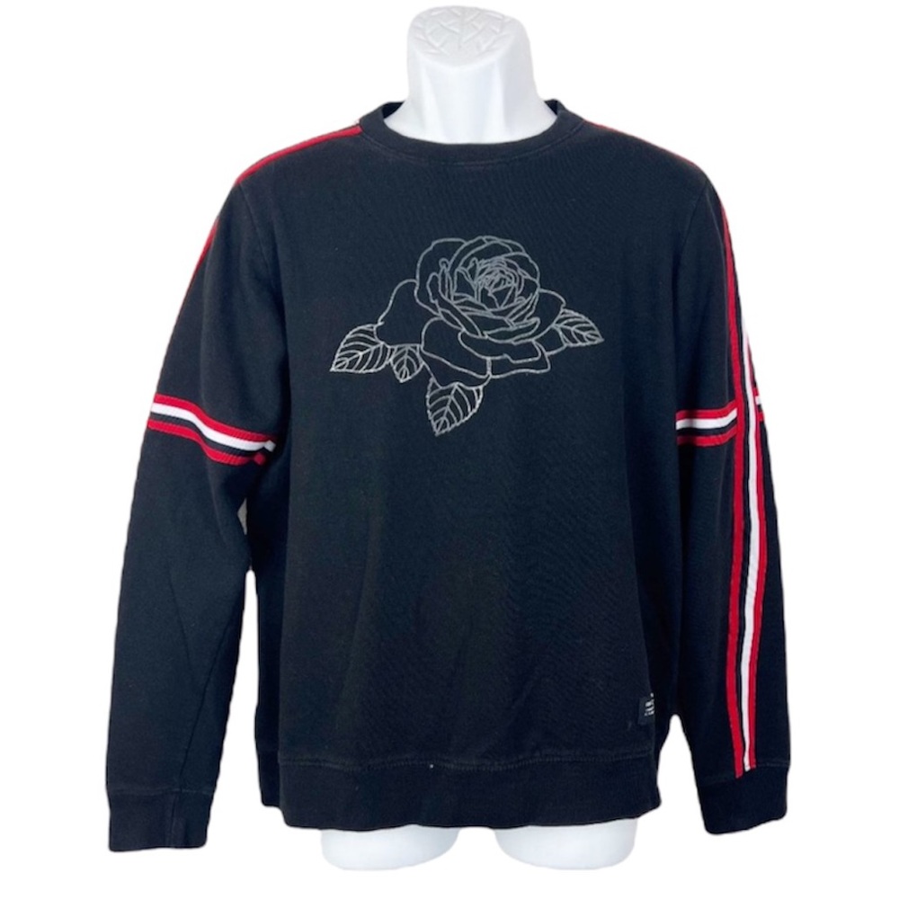 Original Gravity Sweater Men Large Black Crew Neck Pullover Rose Print Red Strip